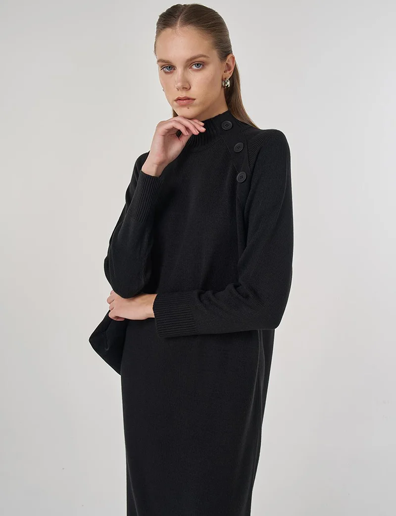 Kayra Button-Up Knit Dress in Black