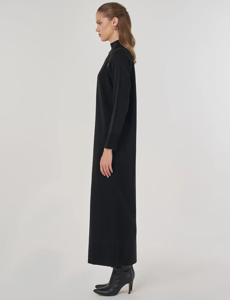 Kayra Button-Up Knit Dress in Black