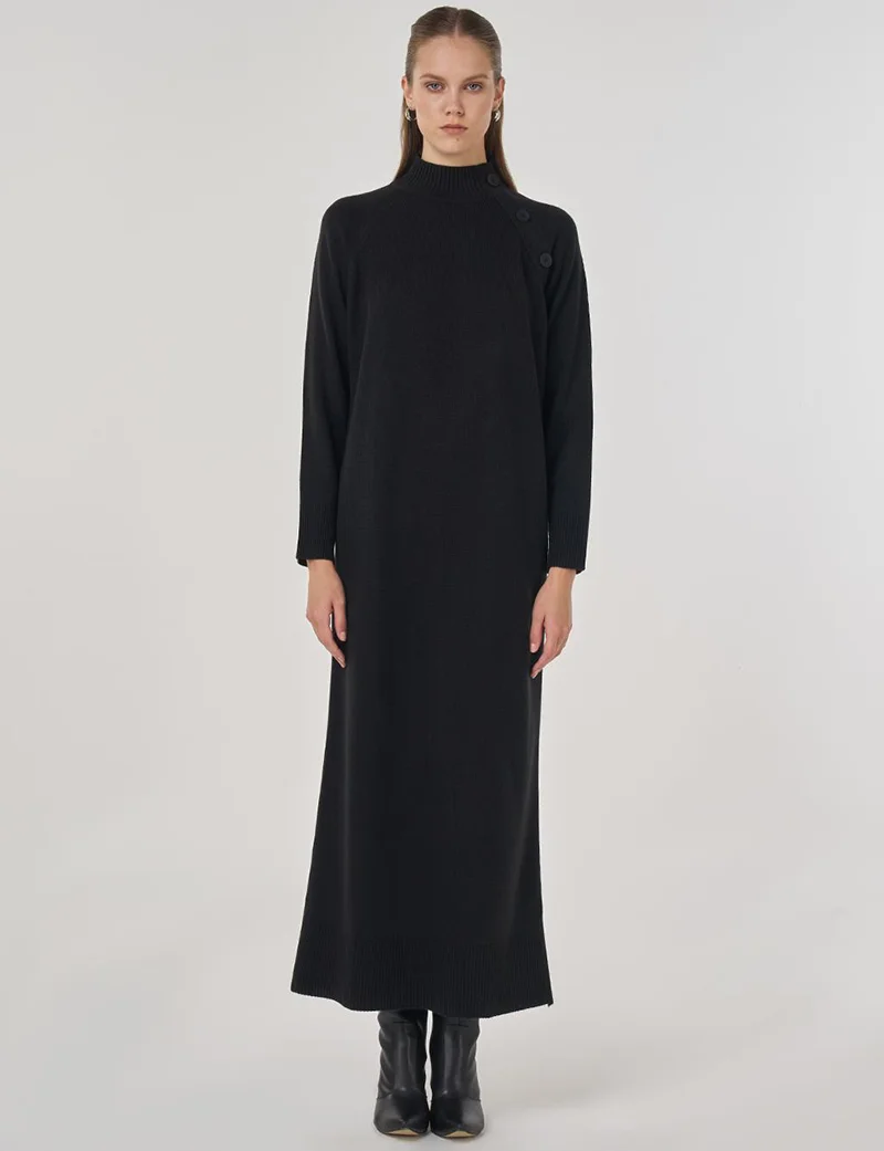 Kayra Button-Up Knit Dress in Black