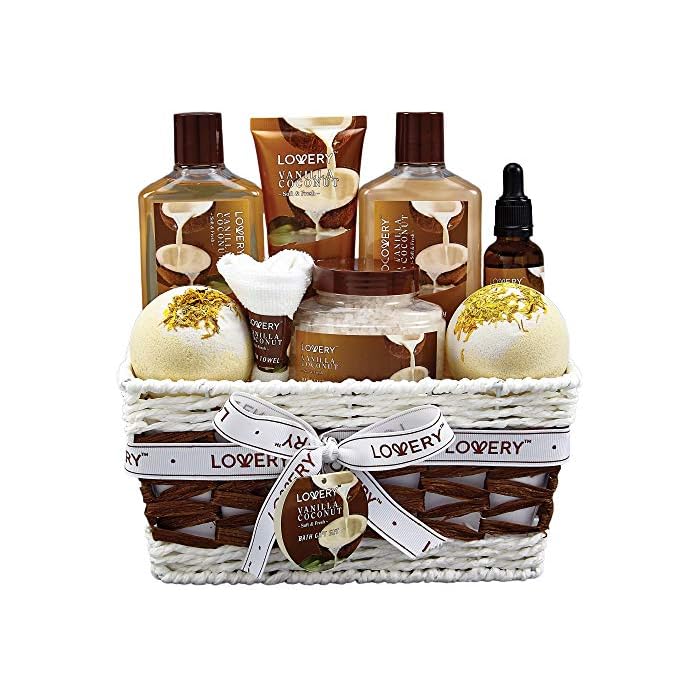 Gifts For Women Gift Basket for Women– 9 Piece Set of Vanilla Coconut Home Spa Set, Luxurious Gifts for Her, Bath and Body Sets Includes Fragrant Lotions, Large Bath Bombs, Coconut Oil