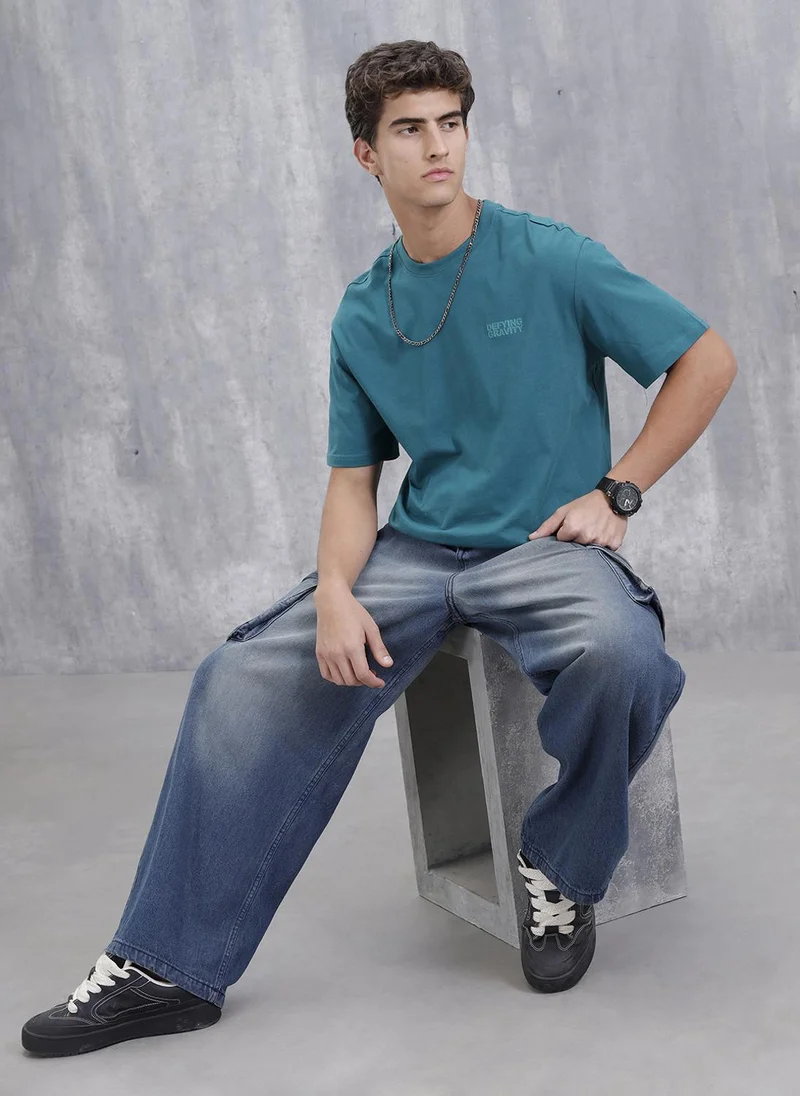 روجن Casual Men Oversized Fit Tee With Graphic | Green