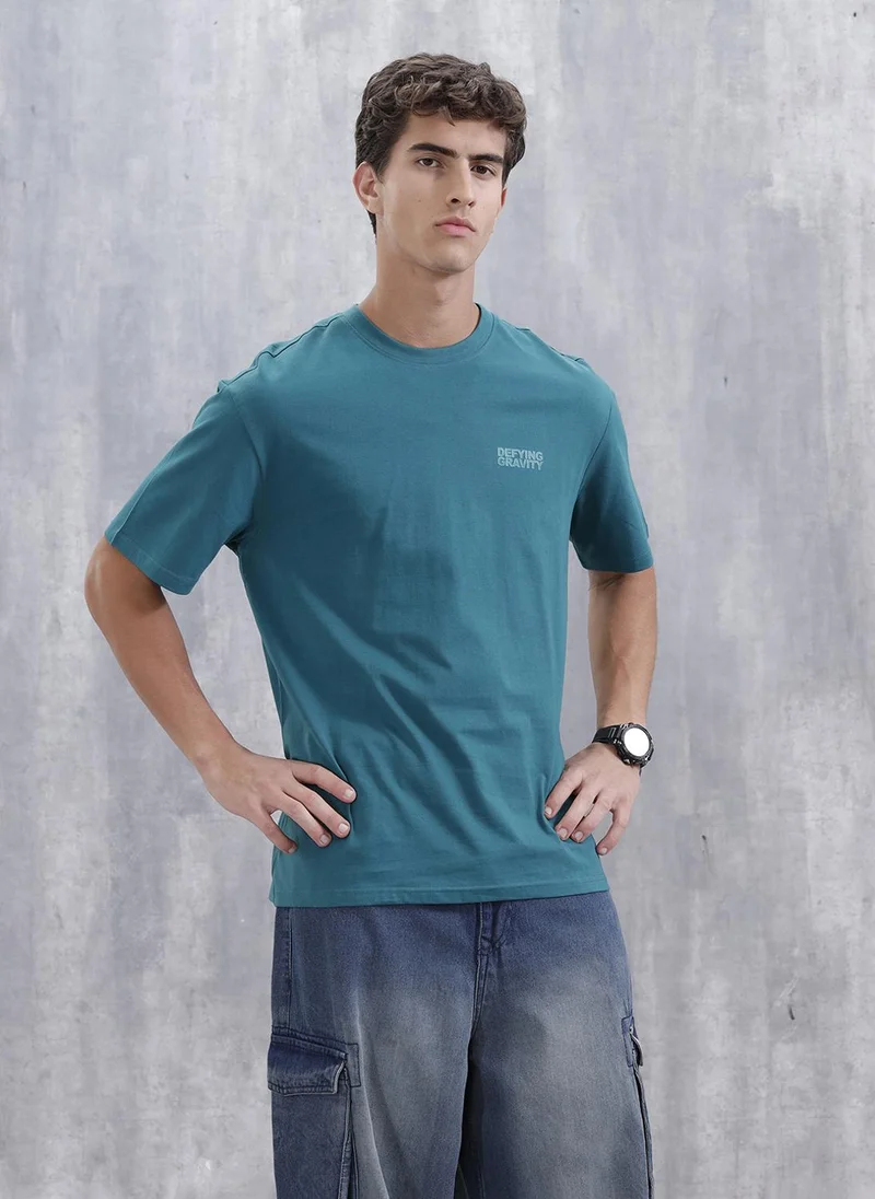 روجن Casual Men Oversized Fit Tee With Graphic | Green