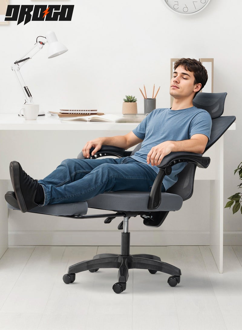 دراجو كرسي مكتب مريح للعمل من المنزل، كرسي كمبيوتر بظهر عالٍ مع مسند للقدمين، شبكة قابلة للتهوية، مسند ذراع قابل للربط، ارتفاع مقعد قابل للتعديل، مسند رأس، ودعم أسفل الظهر | كرسي مكتب مع إمكانية الاستلقاء | كرسي شبكي للمكتب، رمادي - Image 2