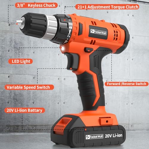 FADAKWALT 20V Electric Power Drill Set, Torque 30N, 21+1 Torque Setting, 3/8-Inch Keyless Chuck, LED Electric Drill Kit, Orange - Image 3