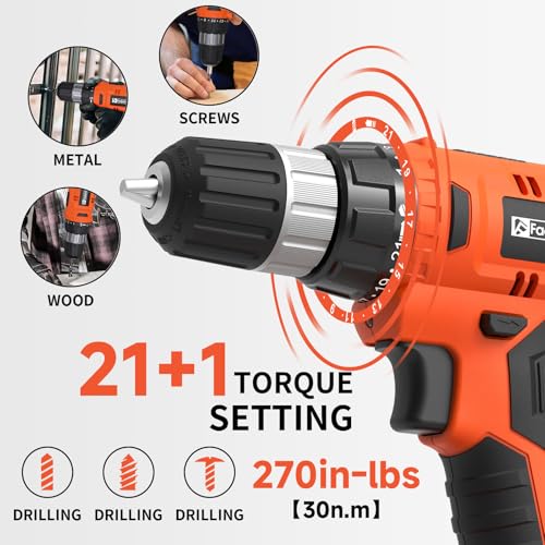 FADAKWALT 20V Electric Power Drill Set, Torque 30N, 21+1 Torque Setting, 3/8-Inch Keyless Chuck, LED Electric Drill Kit, Orange - Image 2