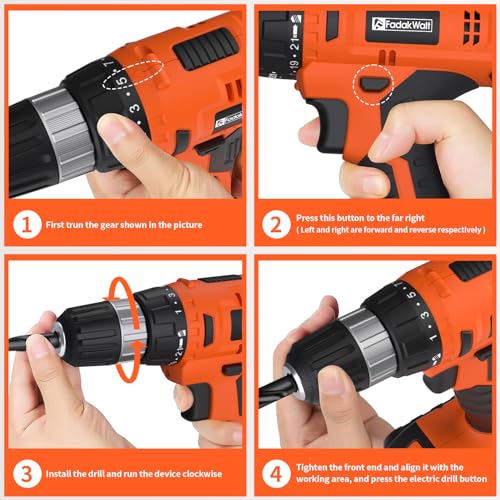 FADAKWALT 20V Electric Power Drill Set, Torque 30N, 21+1 Torque Setting, 3/8-Inch Keyless Chuck, LED Electric Drill Kit, Orange - Image 4