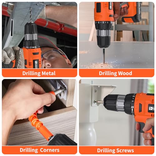 FADAKWALT 20V Electric Power Drill Set, Torque 30N, 21+1 Torque Setting, 3/8-Inch Keyless Chuck, LED Electric Drill Kit, Orange - Image 5