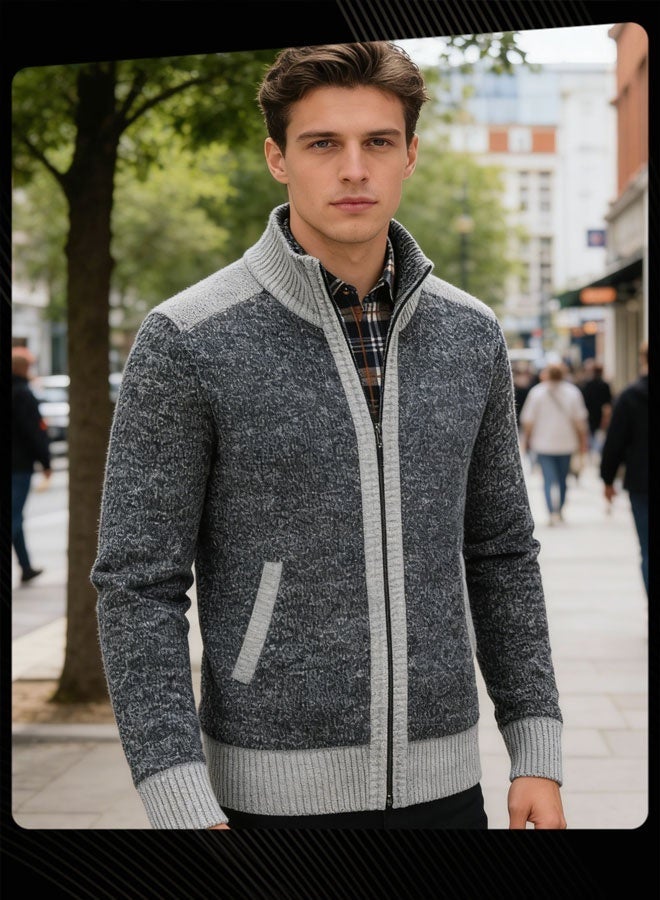 Joychic Autumn And Winter Men  Cardigan Coat Warm Sweater Jacket Long Sleeve Block Stand Collar Wool Men Zipper Knitted Thick Coat Dark Grey - Image 1