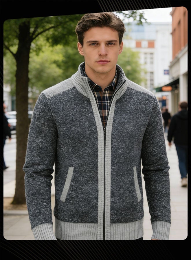 Joychic Autumn And Winter Men  Cardigan Coat Warm Sweater Jacket Long Sleeve Block Stand Collar Wool Men Zipper Knitted Thick Coat Dark Grey - Image 2