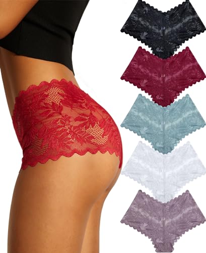 FINETOO Sexy Underwear for Women V-Waist Shorts Women' s Underwear Lightweight Soft Lace High Waist Panties 5 Pack - Image 1