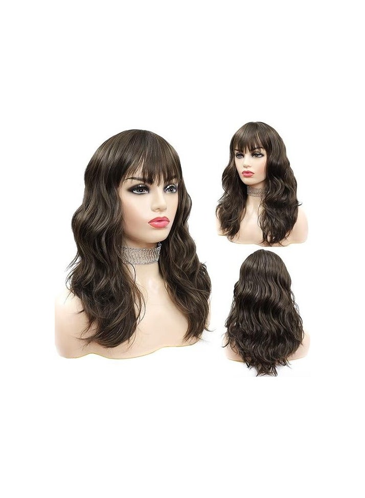 باروكة شعر صناعي طويل مموج بني اللون الشعر الحراري