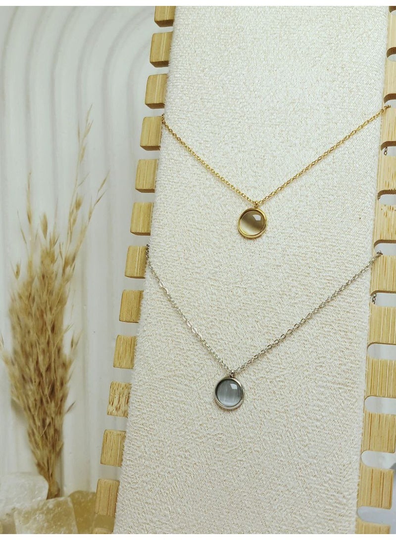 Minimalist Gold-Tone Stainless Steel Necklace with Round Cat's Eye Pendant, Tarnish-Resistant - Image 1