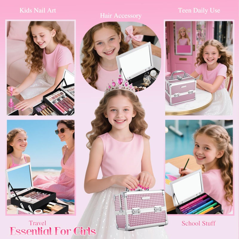 Joligrace حقيبة مكياج جوليغرايس المحمولة صندوق مكياج حقيبة سفر علبة تجميل منظم مع 2 صينية مرآة قفل تخزين مكياج فانيتي حرفة أظافر حقيبة تجميل للسفر للفتيات باللون الوردي - Image 5