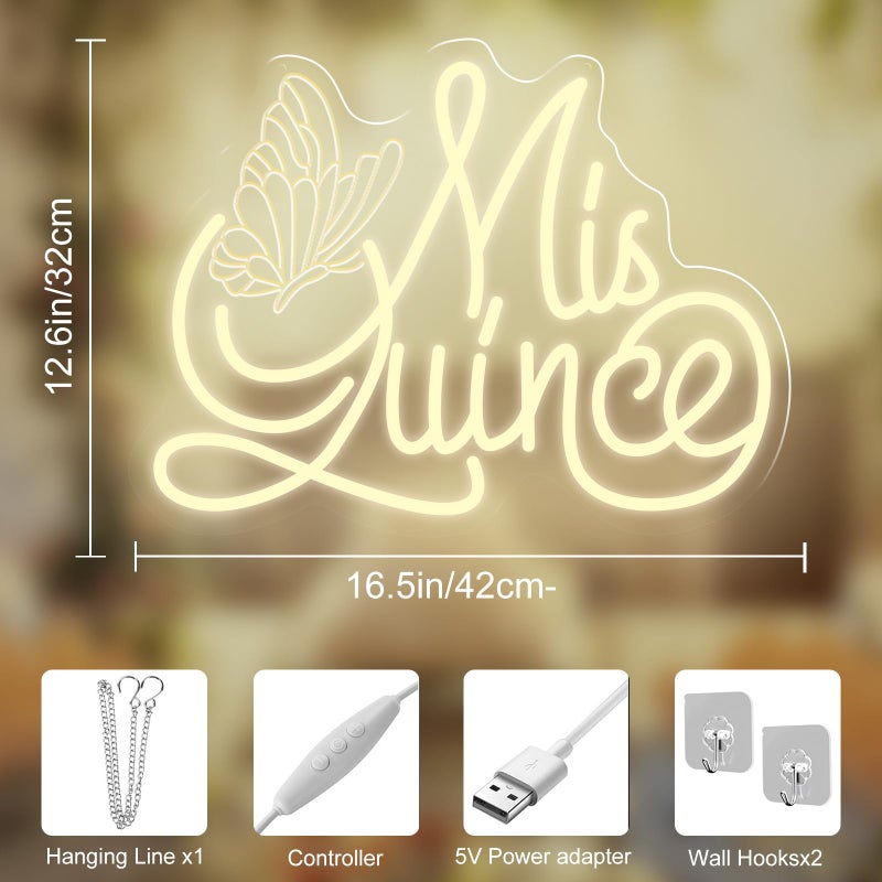 DUOLIYBC Mis Quince Neon Sign with Engraved Butterfly Design, Warm White Dimmable LED Light for QuinceaÃ±era Decorations, Sweet 15 Birthday Party Wall Decor 16.5â€³ Ã—12.6â€³ - Image 5