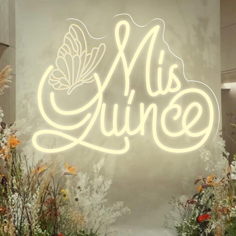 DUOLIYBC Mis Quince Neon Sign with Engraved Butterfly Design, Warm White Dimmable LED Light for QuinceaÃ±era Decorations, Sweet 15 Birthday Party Wall Decor 16.5â€³ Ã—12.6â€³ - Image 1