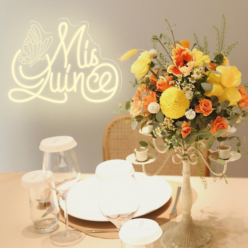 DUOLIYBC Mis Quince Neon Sign with Engraved Butterfly Design, Warm White Dimmable LED Light for QuinceaÃ±era Decorations, Sweet 15 Birthday Party Wall Decor 16.5â€³ Ã—12.6â€³ - Image 2
