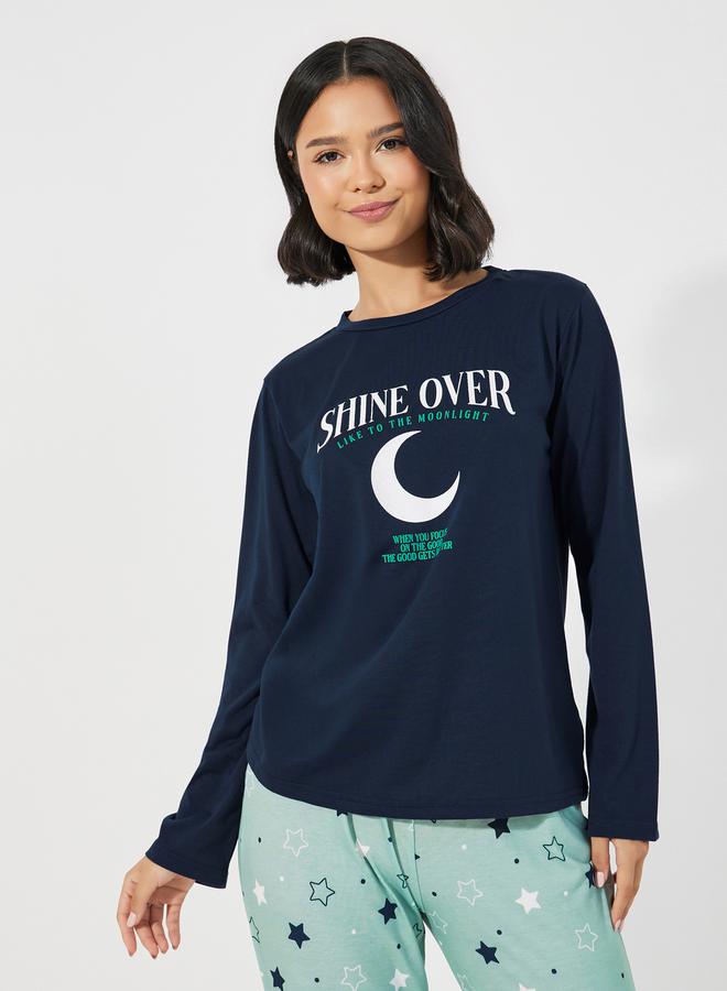Styli Slogan Print Long Sleeves T-Shirt & Star Print Pyjama Set  - Image 3