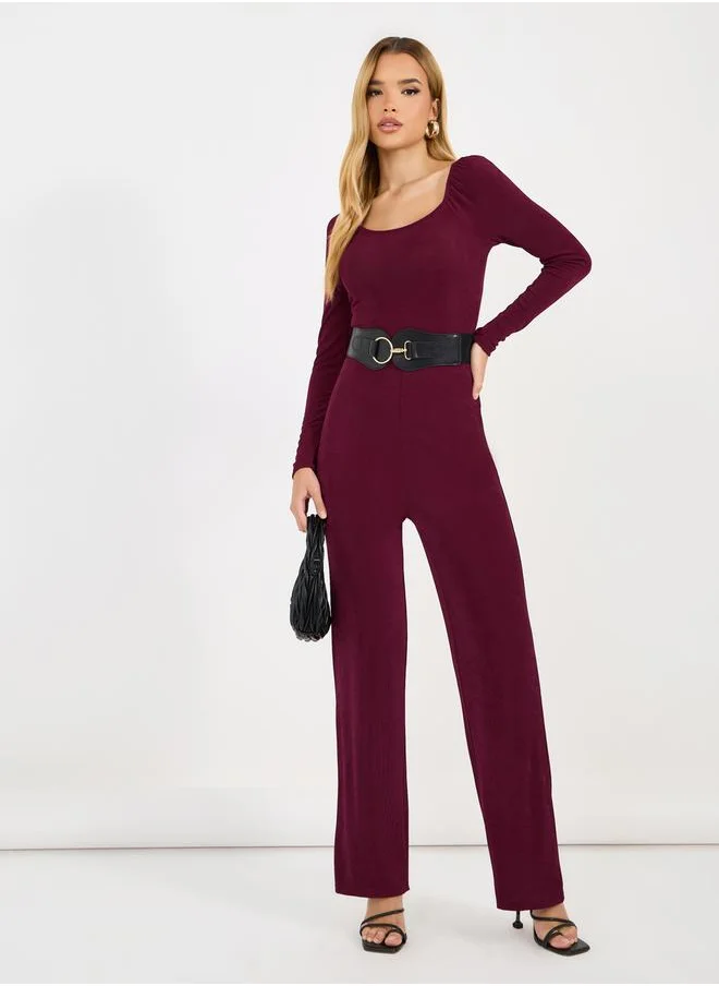 Styli Solid Straight Leg Wide Neckline Stretchy Jumpsuit