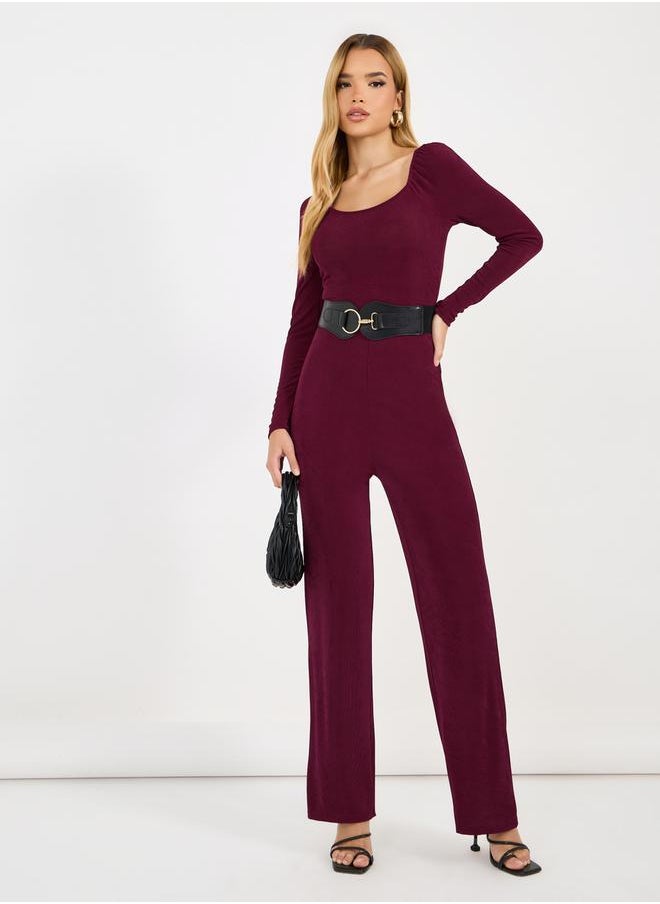 Styli Solid Straight Leg Wide Neckline Stretchy Jumpsuit  - Image 1