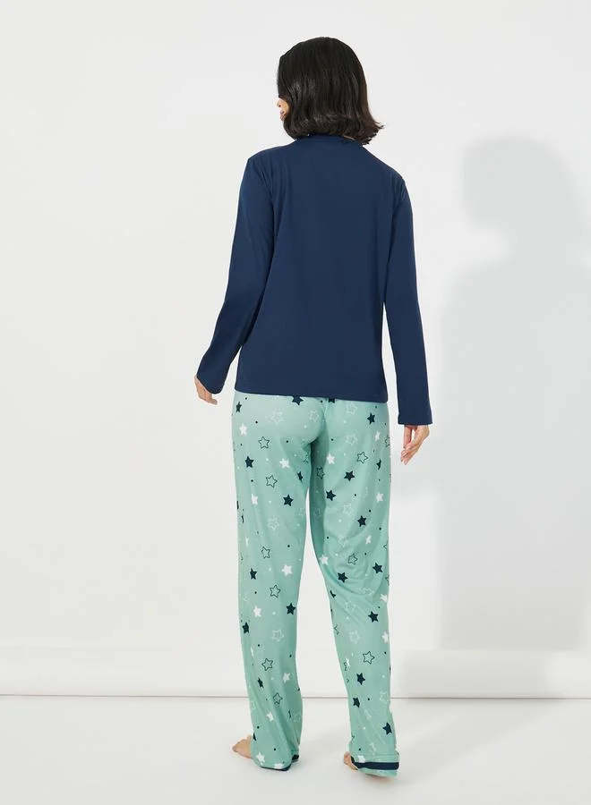Styli Slogan Print Long Sleeves T-Shirt & Star Print Pyjama Set