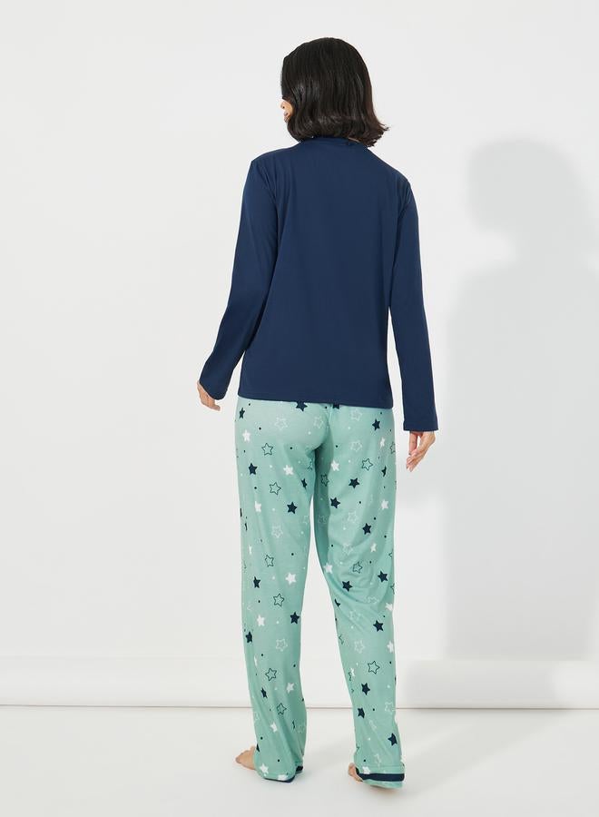 Styli Slogan Print Long Sleeves T-Shirt & Star Print Pyjama Set  - Image 5
