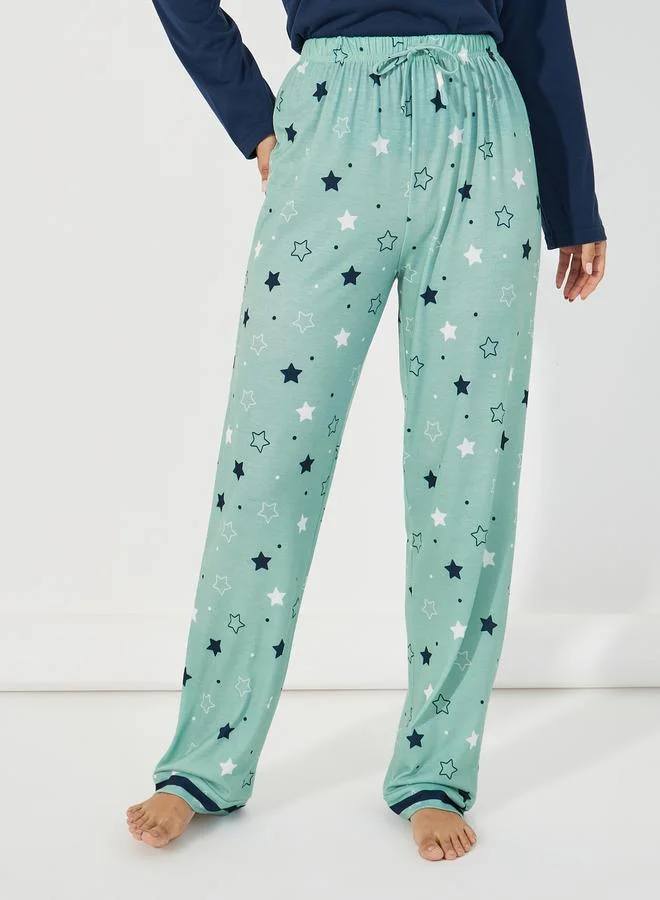 Styli Slogan Print Long Sleeves T-Shirt & Star Print Pyjama Set
