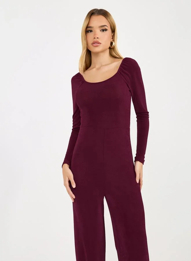 Styli Solid Straight Leg Wide Neckline Stretchy Jumpsuit