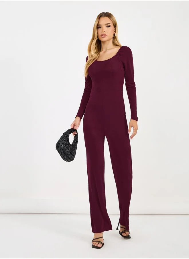 Styli Solid Straight Leg Wide Neckline Stretchy Jumpsuit