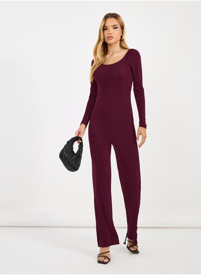 Styli Solid Straight Leg Wide Neckline Stretchy Jumpsuit  - Image 2