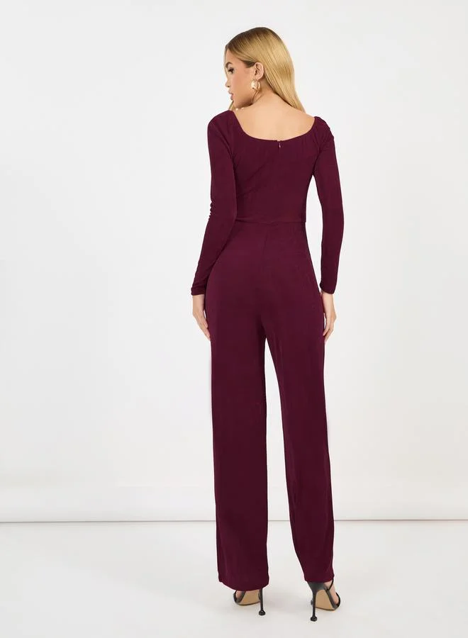 Styli Solid Straight Leg Wide Neckline Stretchy Jumpsuit