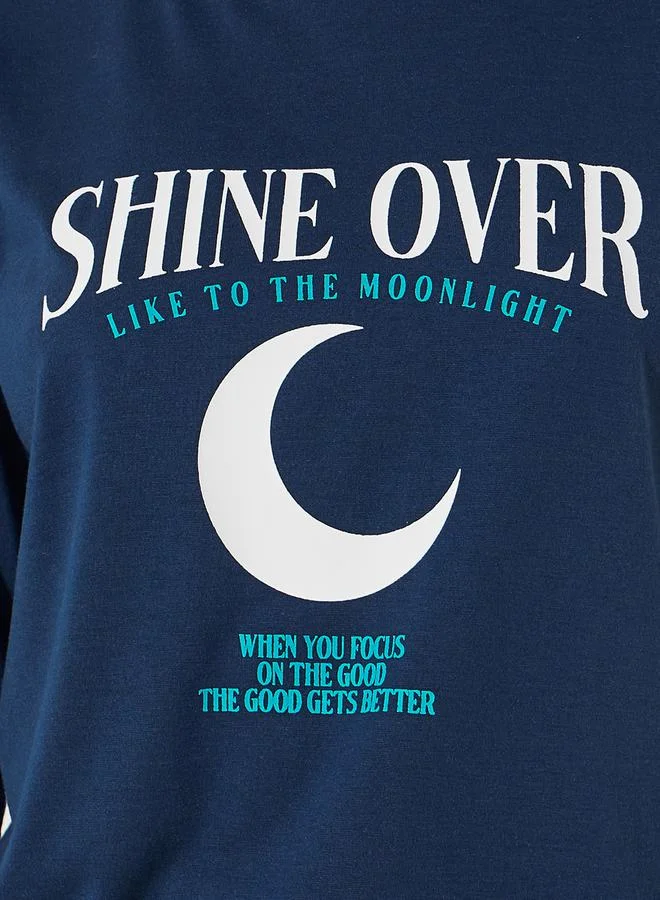 Styli Slogan Print Long Sleeves T-Shirt & Star Print Pyjama Set
