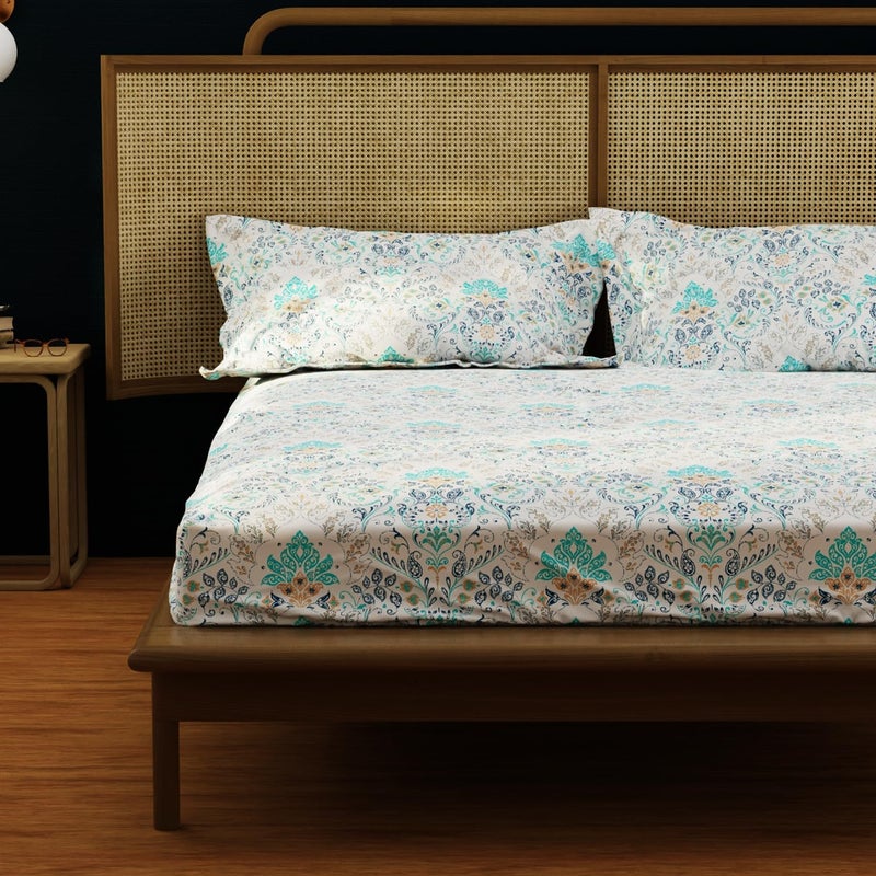 Urban Space Regal 100 Percale Cotton 200 TC Printed Elastic Fitted Bedsheets King Size with 2 Pillow Covers Size 72 x 78 inches Mughal Garden Blue - Image 1