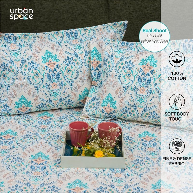 Urban Space Regal 100 Percale Cotton 200 TC Printed Elastic Fitted Bedsheets King Size with 2 Pillow Covers Size 72 x 78 inches Mughal Garden Blue - Image 3