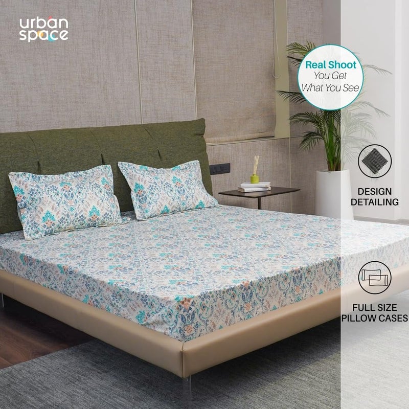 Urban Space Regal 100 Percale Cotton 200 TC Printed Elastic Fitted Bedsheets King Size with 2 Pillow Covers Size 72 x 78 inches Mughal Garden Blue - Image 4