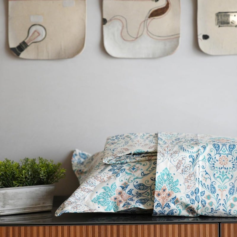 Urban Space Regal 100 Percale Cotton 200 TC Printed Elastic Fitted Bedsheets King Size with 2 Pillow Covers Size 72 x 78 inches Mughal Garden Blue - Image 2