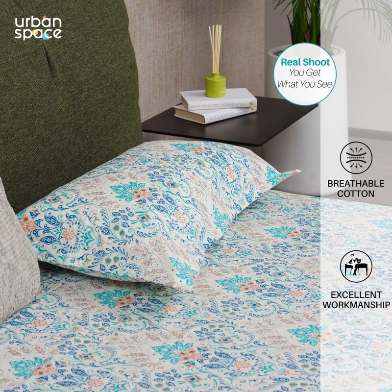 Urban Space Regal 100 Percale Cotton 200 TC Printed Elastic Fitted Bedsheets King Size with 2 Pillow Covers Size 72 x 78 inches Mughal Garden Blue - Image 5