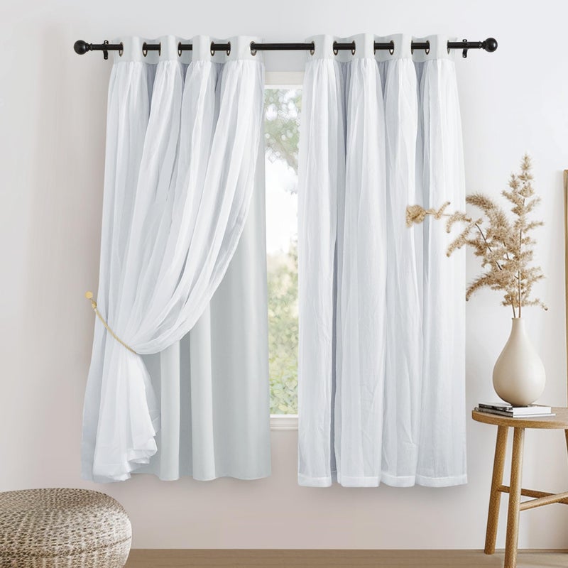 PONY DANCE White Bedroom Curtains - Window Curtains & Drapes Sheer Layered Room Darkening with Tie-Backs, 52 x 63 inches, Greyish White, 2 Pieces - Image 1