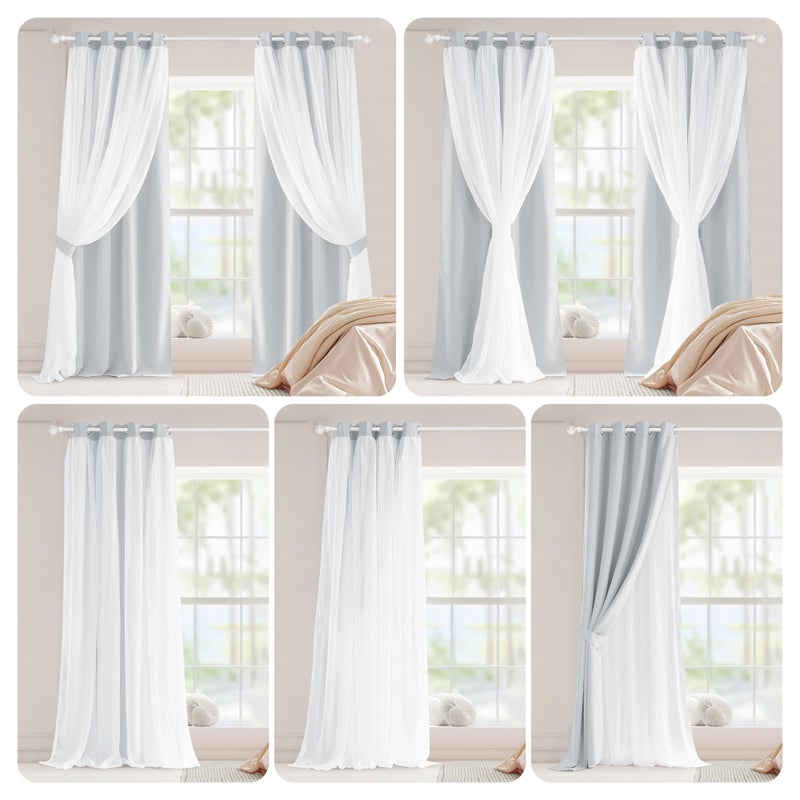 PONY DANCE White Bedroom Curtains - Window Curtains & Drapes Sheer Layered Room Darkening with Tie-Backs, 52 x 63 inches, Greyish White, 2 Pieces - Image 2