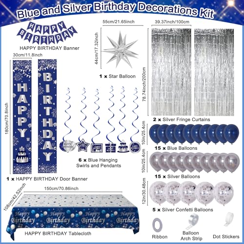 Distasio Blue Birthday Decorations for Men Women Boys Happy Birthday Decorations Navy Blue and Silver Happy Birthday Banner Balloons Tablecover Fringe Curtain Door Banner Mens Boy Bday Party Supplies Decor - Image 5