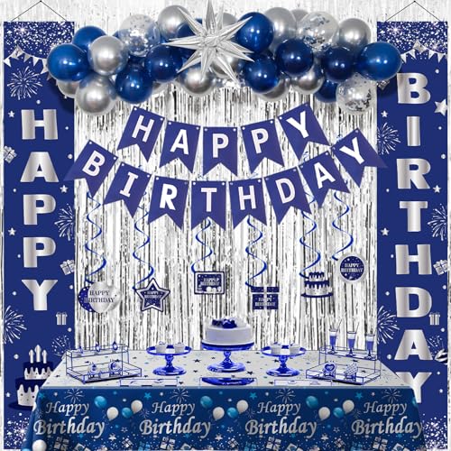 Distasio Blue Birthday Decorations for Men Women Boys Happy Birthday Decorations Navy Blue and Silver Happy Birthday Banner Balloons Tablecover Fringe Curtain Door Banner Mens Boy Bday Party Supplies Decor - Image 1