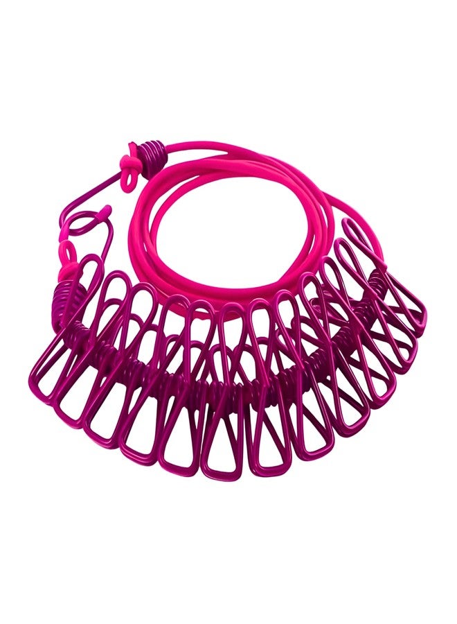 Kostech Cloth Drying Rope with Hooks Elastic Cloth Hanging Rope for Cloth Drying with 12 Clips Cloth Rope for Drying Clothes for Travel Home Outdoor (Pink) - Image 1