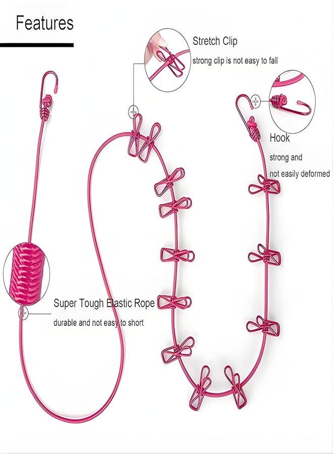 Kostech Cloth Drying Rope with Hooks Elastic Cloth Hanging Rope for Cloth Drying with 12 Clips Cloth Rope for Drying Clothes for Travel Home Outdoor (Pink) - Image 3