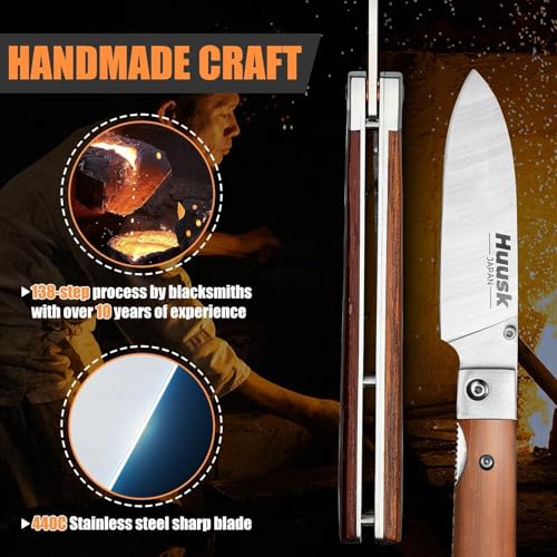 Huusk Folding Chef Pocket Knife - Japanese Santoku Knives, edc Kitchen Knives with 440C Stainless Steel Ultra Sharp Blade, Portable Meat Knives for Vegetable, Christmas Gift for Men and Women - Image 3