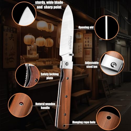 Huusk Folding Chef Pocket Knife - Japanese Santoku Knives, edc Kitchen Knives with 440C Stainless Steel Ultra Sharp Blade, Portable Meat Knives for Vegetable, Christmas Gift for Men and Women - Image 4