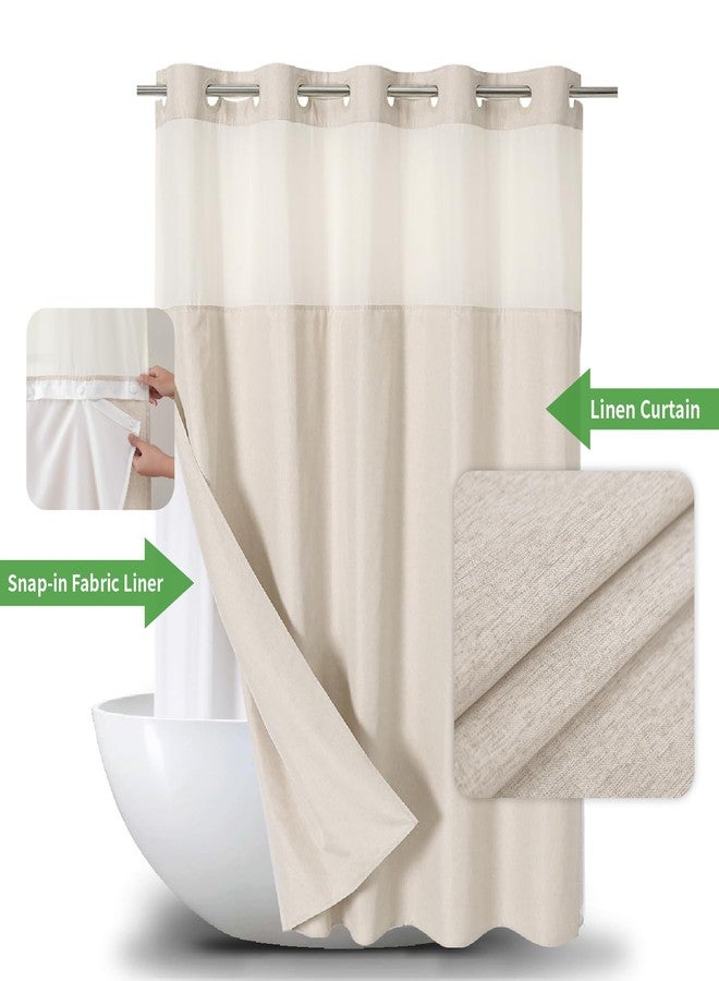 eachope Long No Hooks Needed Linen Textured Shower Curtain with Snap-in Fabric Liner Set,Cream Hotel Luxury Decor Shower Curtains for Bathroom,Waterproof & Washable,71Wx80H - Image 2