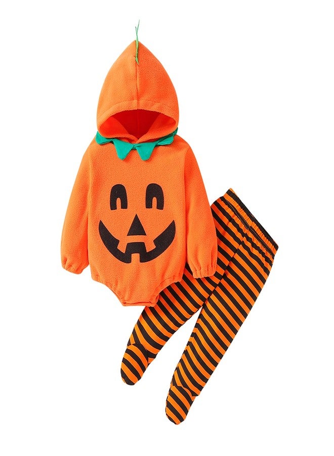 WOLBAY 2Pcs Newborn Infant Baby Boy Girl Fleece Halloween Pumpkin Costumes Hoodie Romper Onesie Cotton Pants Outfit (3-6 Months, Orange-A) - Image 1