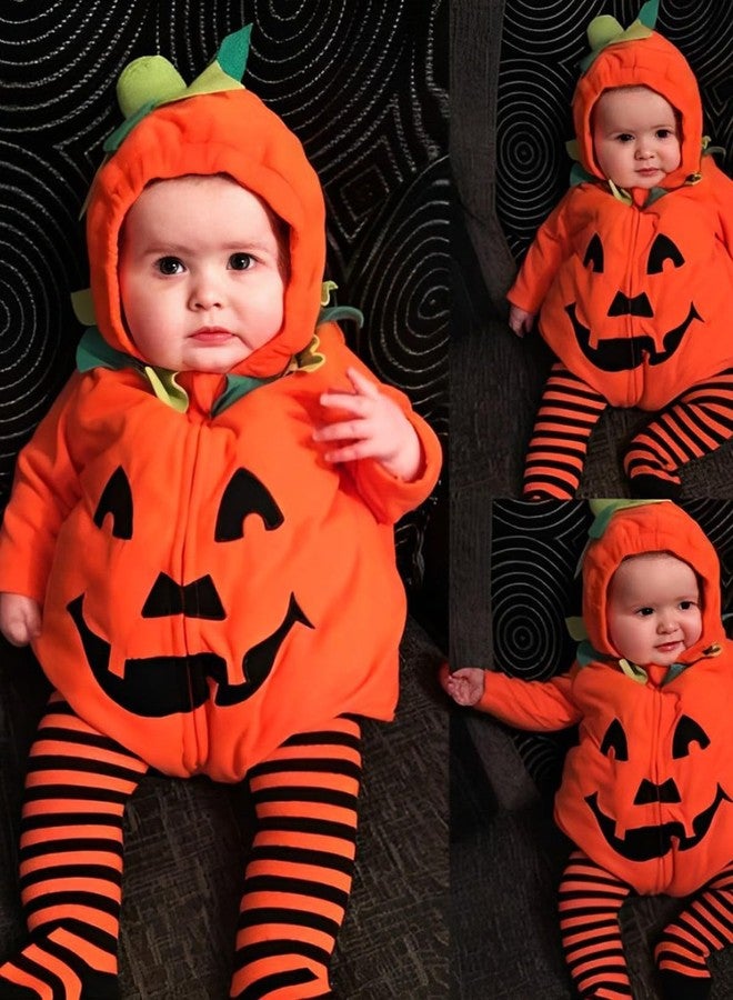 WOLBAY 2Pcs Newborn Infant Baby Boy Girl Fleece Halloween Pumpkin Costumes Hoodie Romper Onesie Cotton Pants Outfit (3-6 Months, Orange-A) - Image 2