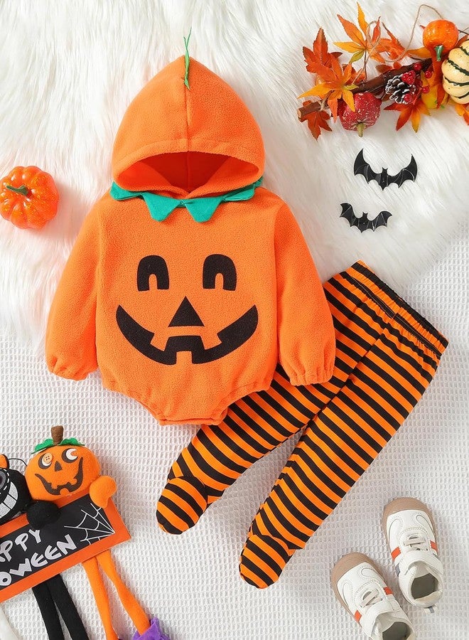WOLBAY 2Pcs Newborn Infant Baby Boy Girl Fleece Halloween Pumpkin Costumes Hoodie Romper Onesie Cotton Pants Outfit (3-6 Months, Orange-A) - Image 3