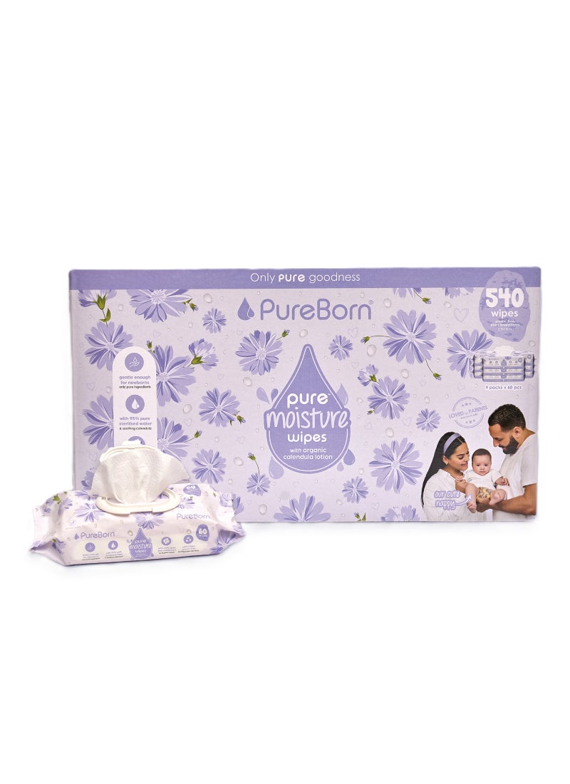 PureBorn Pure Moisture Baby Wipes With Organic Calendula Lotion 9 x 60 Wipes - Image 1