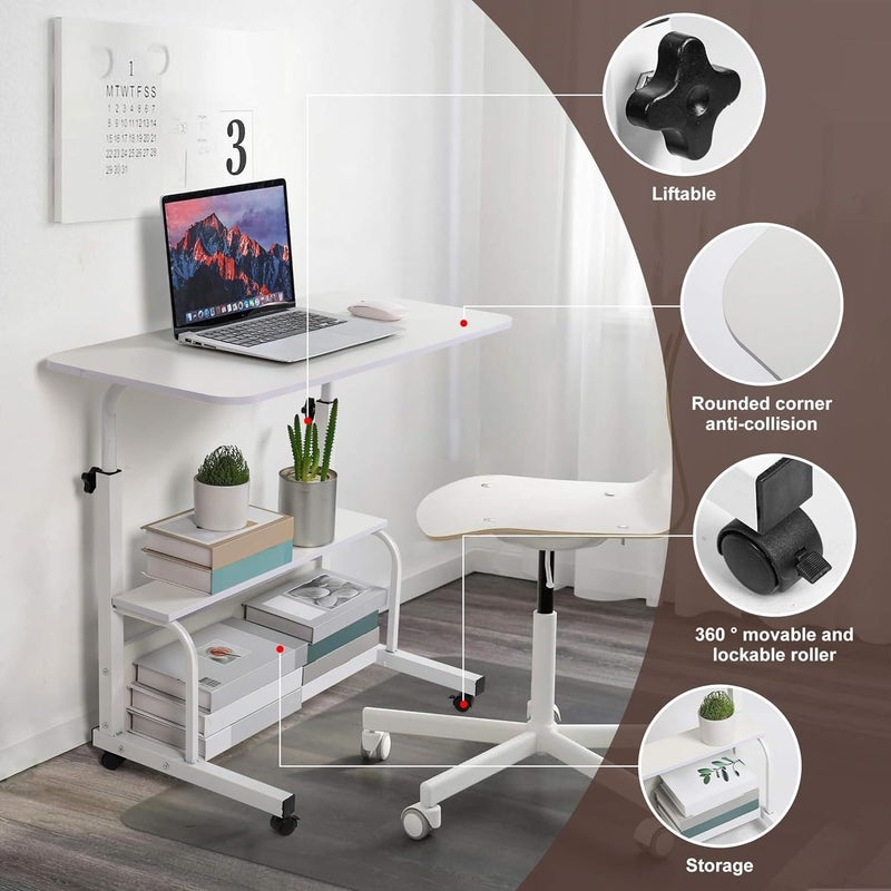 Dekhaoxe Adjustable Height Mobile Computer Desk for Small Space Rolling Writing with Wheels Corner Home Office Study Portable Bedrooms Work Desk Standing Table Sizes 31.5X15.7 Inches White - Image 4